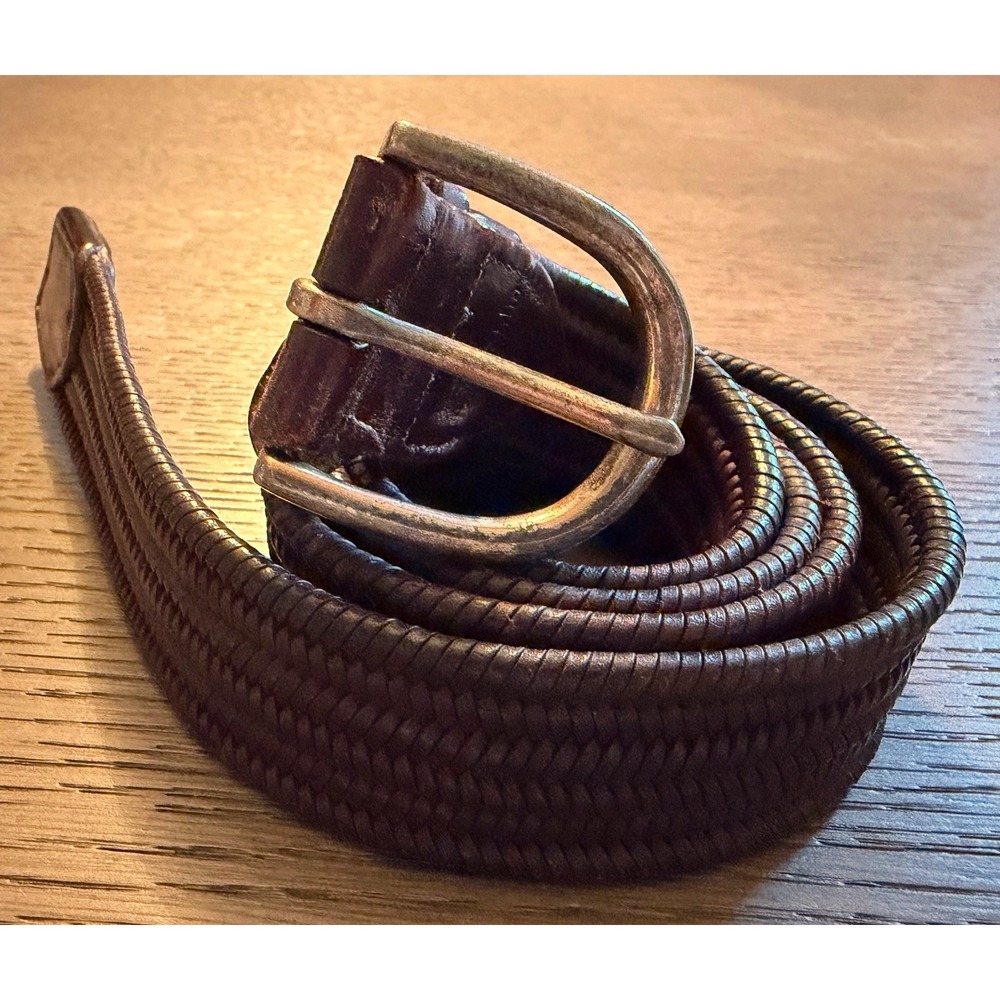 J. McLaughlin Mens Braided Leather Belt Dark Brown Woven Silver Buckle Size 36 - Picture 2 of 7